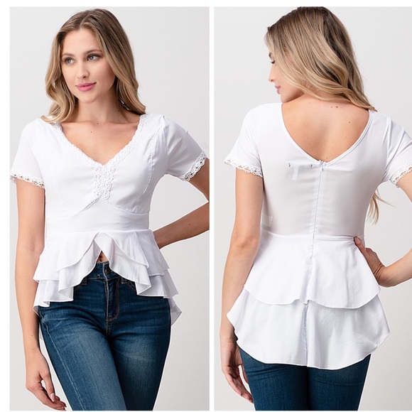 Peplum White Short Sleeve Blouse - Picture 2 of 5